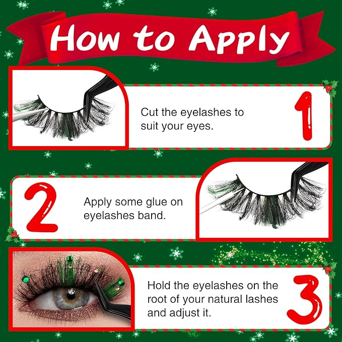 Veleasha Lashes Kit Christmas Eyelashes Green Fluffy Volume False Eyelashes for New Year With Waterproof Black Lash Glue and Tweezers 100% Handmade Santa Lashes (Jingle Bells)