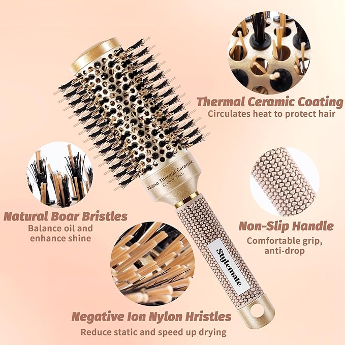 Round Hair Brush for Blow Out, 1.7 Inch, Nano Thermal Ceramic & Ionic Tech, Boar Bristle, Roller Brush for Blow Drying and Styling, Includes 4 Free Clips, Gold