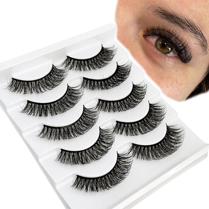 Short Thick Lashes Natural Look D Curl Eyelashes that Look Like Extensions 5 Pair Fluffy Mink Wispy Cat Eye Strip False Volume Lash Pack 8-14mm Full Mega Double Stacked Eyelash Small Fake Lashes
