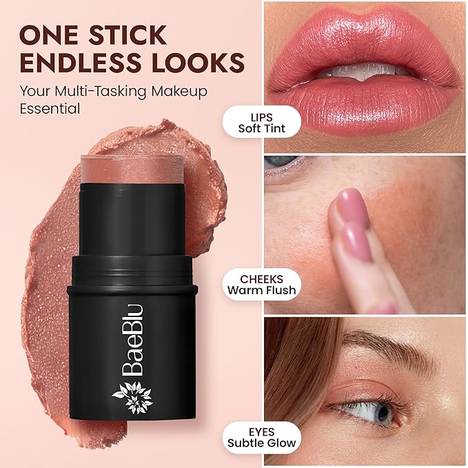 BaeBlu - Organic Blush Tube, Sangria - 100% Natural Vegan Cream Blush Sticks, Multi-Use Bronzer, & Highlighter for Lips, Cheeks & Eyes, Buildable Shimmer, Gluten-Free, Paraben-Free, Made in USA