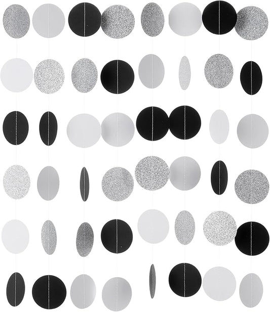 WEVEN Black White Silver Glitter Paper Garland Circle Dot Streamer Banner for Graduation Bridal Shower Wedding Birthday Party Decorations, 2.5" in Diameter, 20 Feet in Total