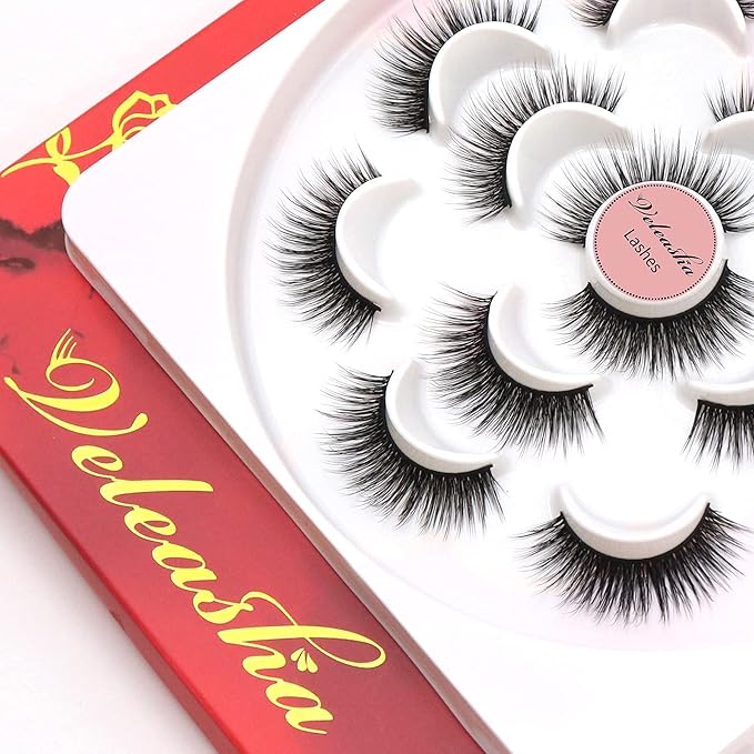 Veleasha Lashes 5D Faux Mink Lashes False Eyelashes Handmade Eye Lashes Wispy Fluffy Fake Lashes Eyelashes Natural Look 7 Pairs Luxurious Volume Fake Eyelashes Pack (5D32)