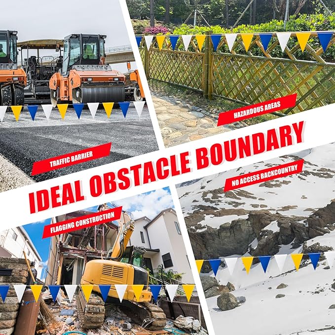 Safety Warning Pennant Banner Flags – Multipurpose OSHA High Visibility Colored Triangle Flags for Roadwork, Party and Hazard Areas(BLUE+WHITE+YELLOW,45pcs,105FT)