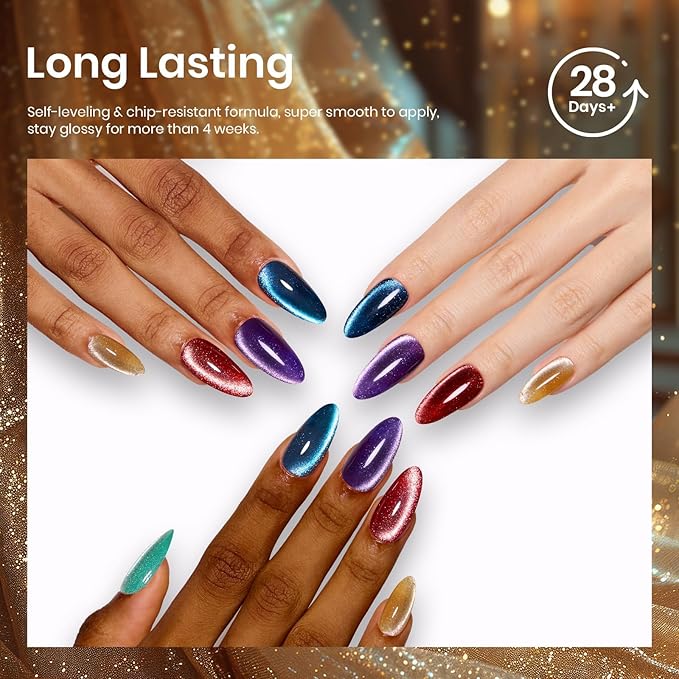 Beetles Cat Eye Gel Nail Polish Set - 6 Colors Glitter Burgundy Red Silver Blue Purple Green Gold Magnetic Cat Eye Gel Polish Holographic Effect Velvet Nail Art Salon DIY Home Gift for Women