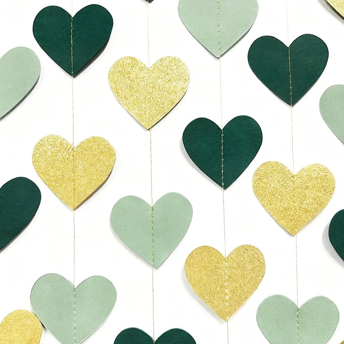 Sage Green and Gold Heart Party Glitter Gold Paper Olive Green Love Heart Hanging Garland Streamer Banner for Woodland Safari Baby Shower Birthday Wedding Anniversary Valentines Day Party Decorations