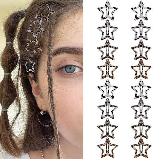 Star Hair Clips Snap Hair Barrettes Non Slip Star Hair Accessories Leopard Colors Metal Hair Clips for Girls Women -16 PCS - Grey