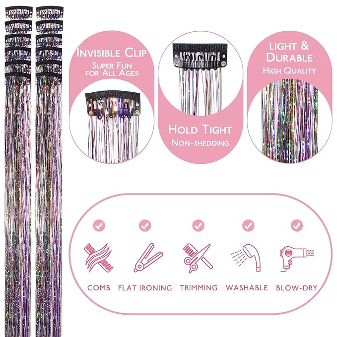 WENNALIFE Hair Tinsel kit for Girls, Clip in Rainbow, 12PCS 24 Inch Hair Accessories for Women Clip in Colorful Glitter Tinsel Hair Fairy Girls Hair Accessories for Kids