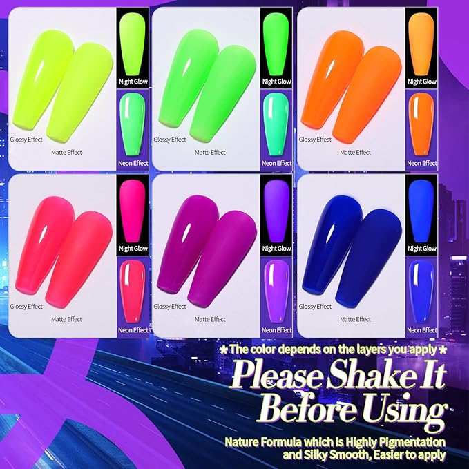Born Pretty Neon Gel Nail Polish Set 6 Colors Halloween Luminous Glow in Dark Gel Polish Fluorescent Orange Hot Pink Blue Yellow Green Purple Gel Nail Polish Set 7ML