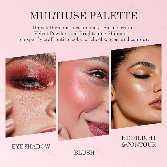KYDA 3 Colors Blush Palette, All-In-One Face Maleup Palette, Matte Cheek Blusher Makeup, Multi-Finish Shimmery Blusher, Blendable Blush Highlighter Powder,02