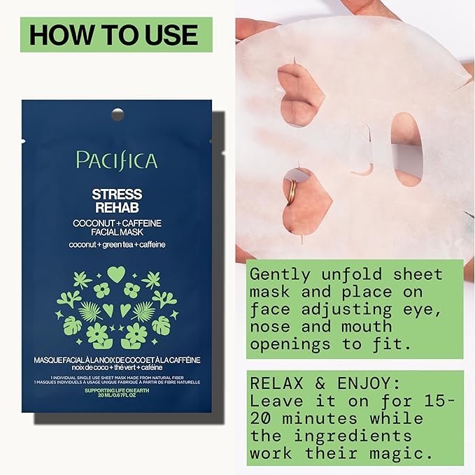 Pacifica Sheet Mask - Skin Rehab Coconut & Caffeine Facial Mask - Sheet Mask for Redness & Puffiness, Infused w/Green Tea, Turmeric & Hyaluronic Acid, Vegan & Cruelty-Free Skincare