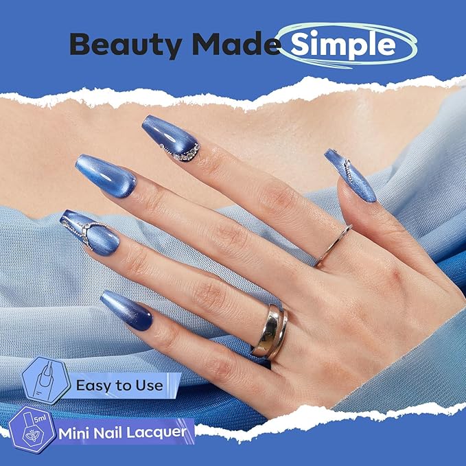 modelones Blue Nail Polish, 6 Colors Cat Eye Glitter Gray Shimmer Holographic Clear Quick Dry Mini Starter Set, Long Lasting Art DIY Manicure Kit at Home for Women