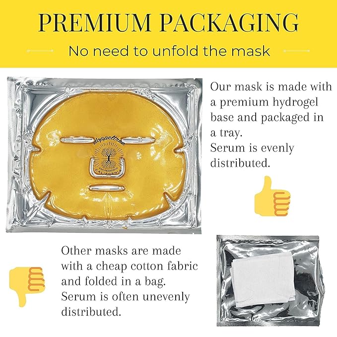 Doppeltree Gold Facial Mask - Premium Hydrogel Sheet Face Masks for Skin Care & Beauty, Hydrating & Anti Aging - Facemask with Collagen, Hyaluronic Acid & 24k Nano Gold