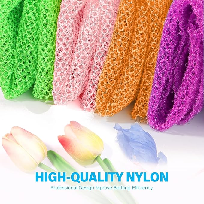 UJFQBH 4 Pieces African Net Sponge African Net Long Net Bath Sponge Exfoliating Shower Body Scrubber Back Scrubber Skin Smoother,Great for Daily Use (Purple, Orange, Green, Pink)