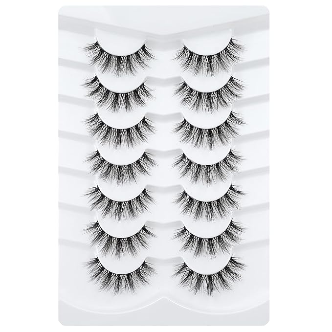 3D Clear Band False EyeLashes C/D Curl Soft Faux Mink Lashes Natural Look Cat Eye Fake lashes Short Russian Strip Lashes 7 Pairs-Happy Heartbeat(No.213)