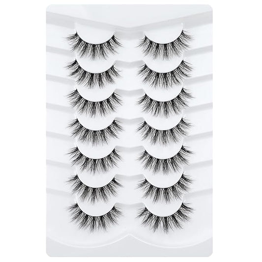 3D Clear Band False EyeLashes C/D Curl Soft Faux Mink Lashes Natural Look Cat Eye Fake lashes Short Russian Strip Lashes 7 Pairs-Happy Heartbeat(No.213)
