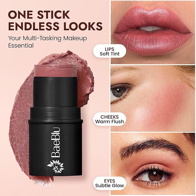 BaeBlu - Organic Blush Tube, Cabernet - 100% Natural Vegan Cream Blush Sticks, Multi-Use Bronzer, & Highlighter for Lips, Cheeks & Eyes, Buildable Shimmer, Gluten-Free, Paraben-Free, Made in USA