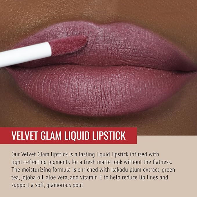 Runway Rogue ‘On Stage’ Velvet Glam Liquid Lipstick, Almost-Matte Rose Plum Lipstick with ‘Start the Show’ Designer Liner Lip Pencil, Matte Muted-Plum Lip-Liner Pencil and Lip-Liner Sharpener