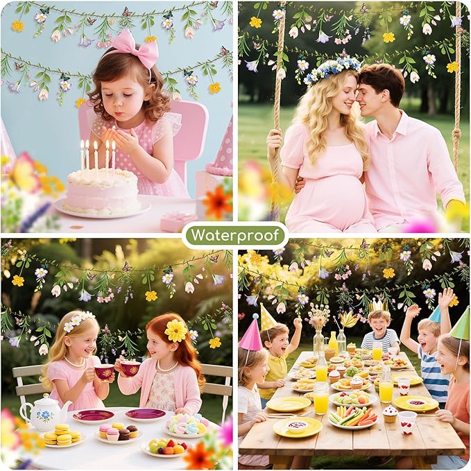 2PCS Flower Banner Reusable Wildflower Garland Floral for Spring Party Enchanted Garden Theme Picnic Wedding Baby Shower Birthday Tea Party Christmas Valentine's Day Supplies Home Decorations