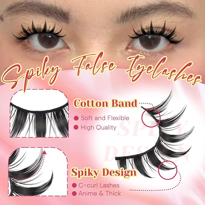 Ahrikiss Lashes Spiky Manga Lashes Anime False Eyelashes 8 Pairs Faux Mink Lashes Kit with Lash Glue and Lash Tweezers Cosplay Thick Fake Eyelashes Soft Strip Lashes Natural Look (Dolls)