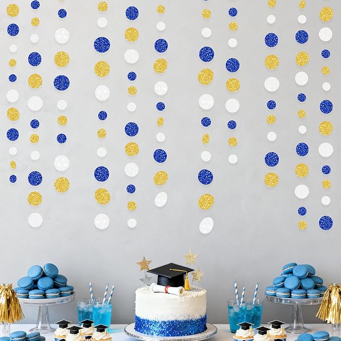 Royal Blue Gold White Party Polka Dot Garland Dark Blue Glitter Gold White Hanging Paper Circle Dots Streamer for Birthday Graduation Baby Shower Wedding Retirement Nautical Party Decorations Supplies