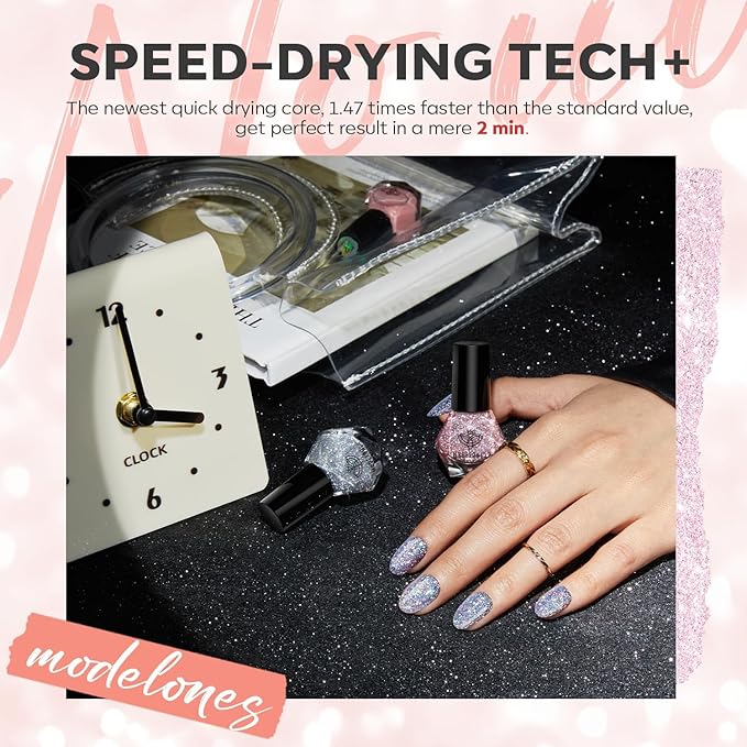 modelones Glitter Nail Polish 6 Colors Holographic Sparkle Glitter Mini Set Flash Diamond Black Silver Gold Quick Dry Manicure Diy Nail Art Salon Gift For Women Girl