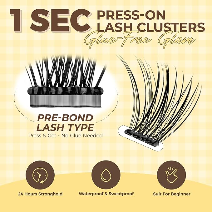 PopUp Self Adhesive Eyelashes Clusters, Press On Lashes Pre Glued Eyelash Extension Kit with Lash Tweezer,10-16mm No Glue No Remover Needed Self Adhesive Lashes Clusters 703