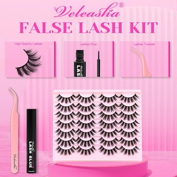Veleasha Lashes Faux Mink Lashes Fluffy 3D Effect Eyelashes With Waterproof Black Lash Glue Wispy False Eyelashes Kit Long Lasting Lash Bond 14 Pairs Pack (3D07)