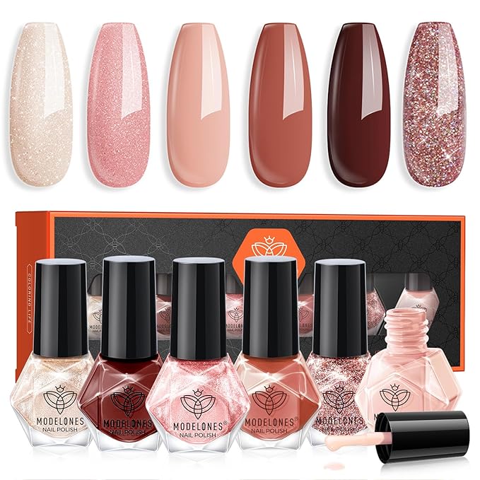 modelones Nail Polish Set 6 Colors, White Brown Nude Burgundy Pink Quick Dry Mini Nail Lacquer Kit, Glitter Shimmer Sparkle Red Nail Art, DIY Home Salon Manicure Gift for Women Girl