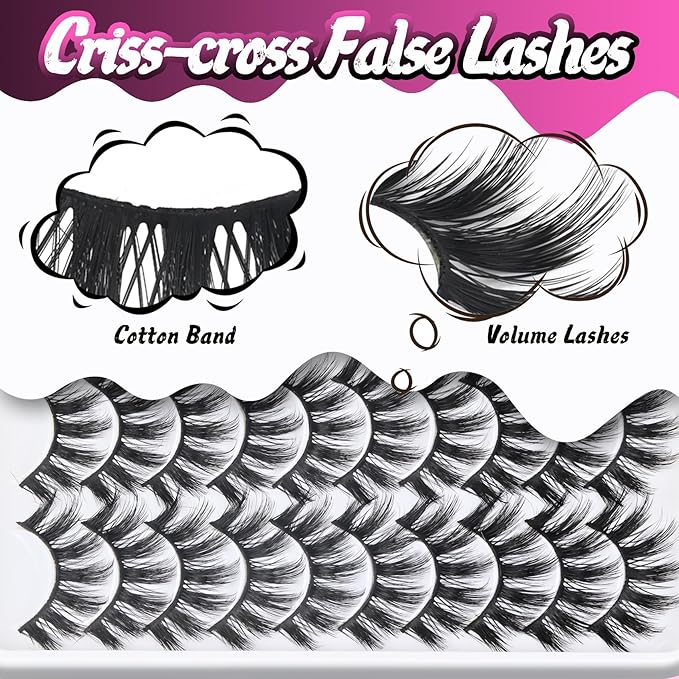 Veleasha Lashes Fluffy Wispy Faux Mink Eyelashes Criss-cross False Lashes 10 Pairs Pack Fake Eyelashes for Women (3D07)