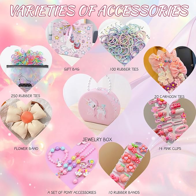 Velachuan Princess Jewelry Box for Girls with Hair Accessories,Girls Hair Clips Bows Set, Fashion Hair Styling Kit with Mirror,Pink Sparkle Trinket Box Includes Hair Clips (Flower)