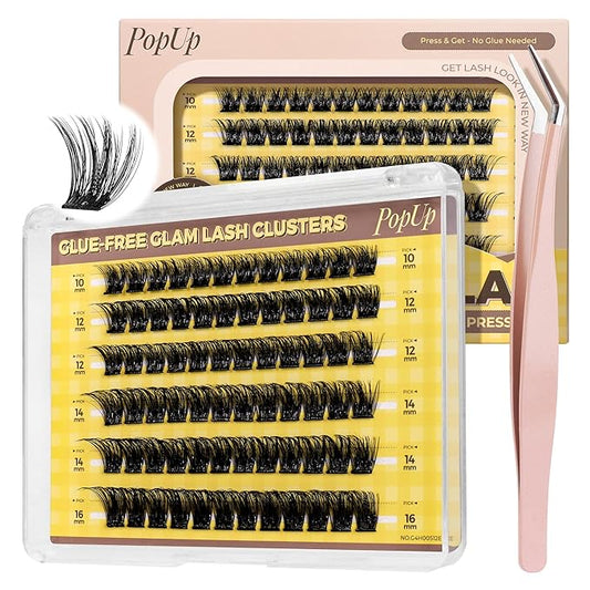 PopUp Self Adhesive Eyelashes Clusters, Press On Lashes Pre Glued Eyelash Extension Kit with Lash Tweezer,10-16mm No Glue No Remover Needed Self Adhesive Lashes Clusters ZNF23