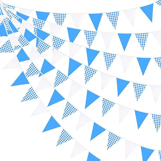 32Ft Blue Party Decorations Blue Buffalo Plaid Checkered White Triangle Flag Gingham Pennant Bunting Fabric Garland for Picnic Racing Car BBQ Birthday Wedding Carnival Party Outdoor Home Garden Decor