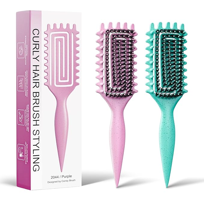 2-Pack Curly Hair Brush, Curl Defining Brush with Soft Boar Bristles Detangling Tangled Glides, Wide-Teeth Design Effortlessly Shaping & Defining Curls, Curling Definer for Wet & Dry Hair (Green Pink)
