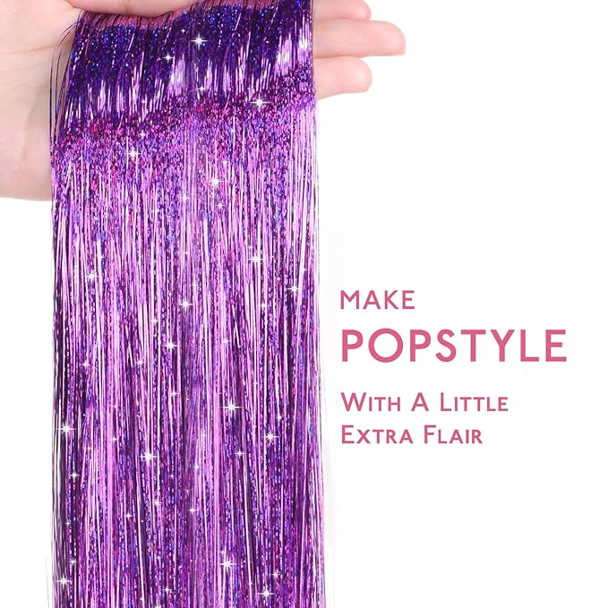 WENNALIFE Hair Tinsel for Girls, Light Purple Fairy Kit 1200 Strands 6PCS 48 Inch Heat Resistant Glitter Hair Extensions Kit Christmas Feathers Sparkle Strands
