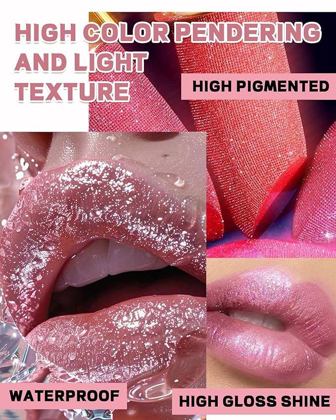 Metallic Nude Pink Glitter Lipstick Long Lasting,Glitter Lipstick Diamond Shimmer Lip Gloss for Women,Transfer Proof Non-Stick Lipgloss Highly Pigmented Full Coverage Red Lip Color Makeup Gift-02