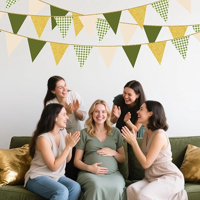 Sage Green Gold Buffalo Plaid Pennant Banner Flag Oilve Green Gold Hanging Glitter Paper Triangle Bunting for Birthday Neutral Baby Shower Wedding Safari Jungle Woodland Party Decorations Supplies