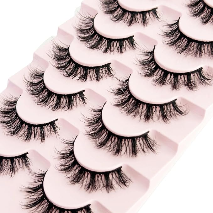 Short Lashes Natural Look Mink Lashes Fluffy Wispy Lashes 14mm Strips Russian D Curl NINGLASH False Eyelashes Cat Eye Lash that Look Like Extensions Fake Eyelash Faux 3D 7 Pairs Lash Pack