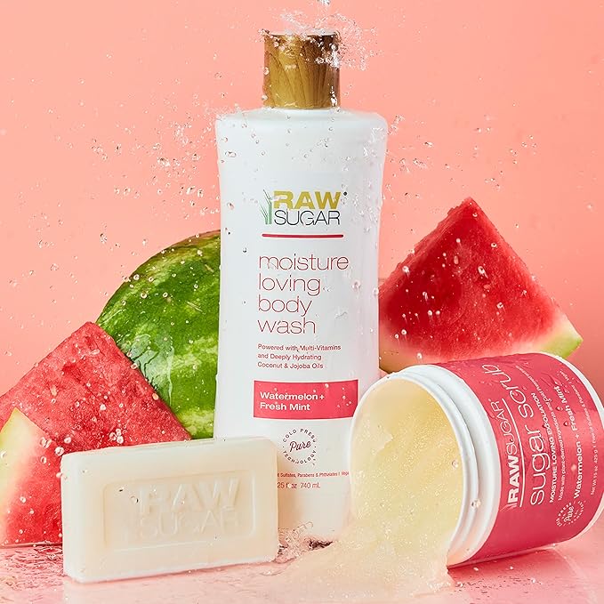 RAW SUGAR Simply Body Wash Variety Trio (25 Fl Oz, Pack of 3) Vegan Bath & Shower Gel, Raw Coconut + Mango, Pineapple + Maqui Berry + Coconut and Watermelon + Fresh Mint, No Sulfates & Parabens