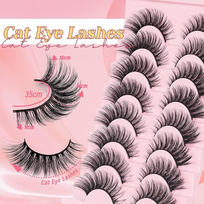 Ahrikiss Lashes Fluffy False Eyelashes Cat Eye Lashes 8 Pairs Faux Mink Lashes Full Strip Lashes Kit with Lash Glue and Lash Tweezers Soft Fake Lashes Lightweight Eyelashes (Fancy)
