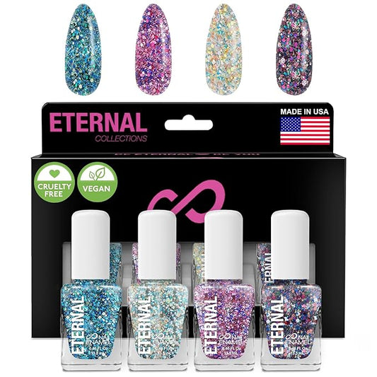 Eternal Glitter Nail Polish Set for Women (CONFETTI PARTY) - White Nail Polish Set for Girls | Long Lasting & Fast Drying Nail Polish Kit for Home DIY Manicure Pedicure| Made in USA, 13.5mL (Set of 4)