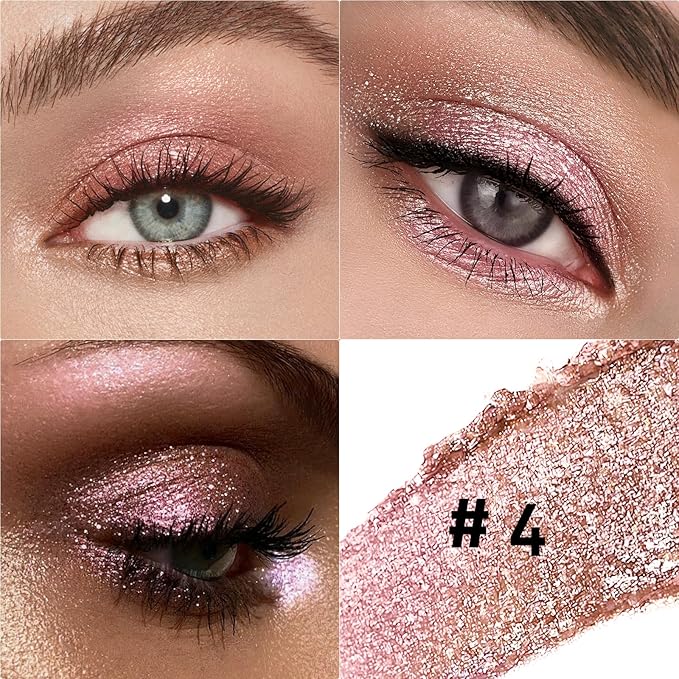 Glitter Eyeshadow Stick Metallic Chrome Finish, Shimmer Cream Eye Shadow Stick Long Lasting Holographic Color Sparkle Multi-Use Eye Brightener Highlighter Makeup Blendable Eyeliner Pencil, 4#