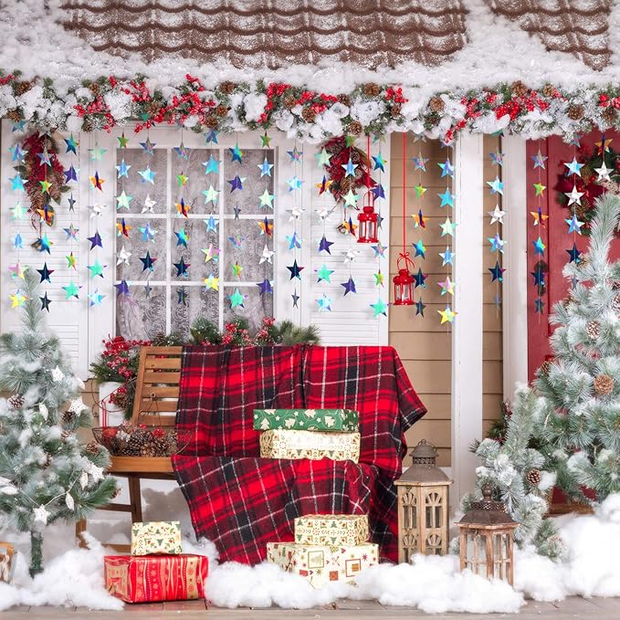 Patelai Glitter Star Garland Banner New Years Decor 130 Feet Star Hanging Banner Twinkle Backdrop for Birthday Classroom Wedding Halloween Christmas Party Supplies(Holographic Iridescent)