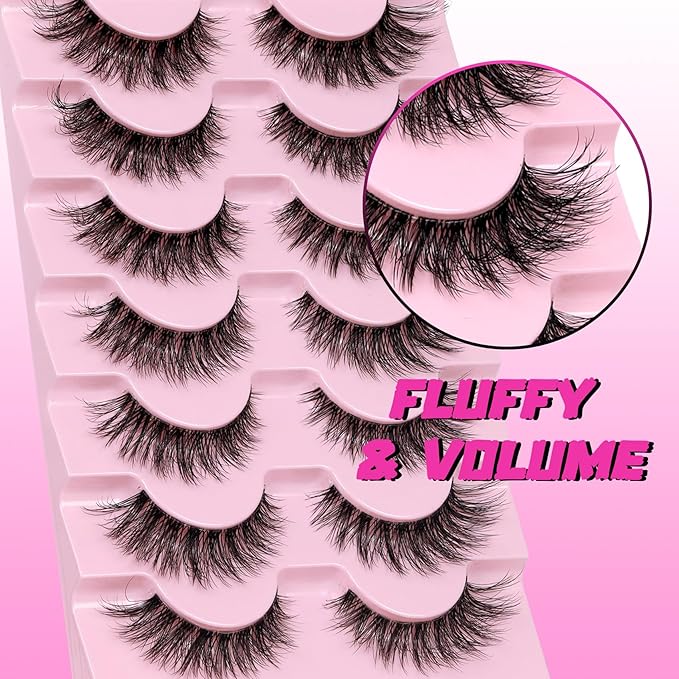 Veleasha Natural Lashes Fluffy Eyelashes Cat Eye Lashes 7 Pairs 8-15mm Clear Band False Eyelashes C Curl Wispy Faux Mink Lashes Soft 100% Handmade Fake Eyelashes (C01)