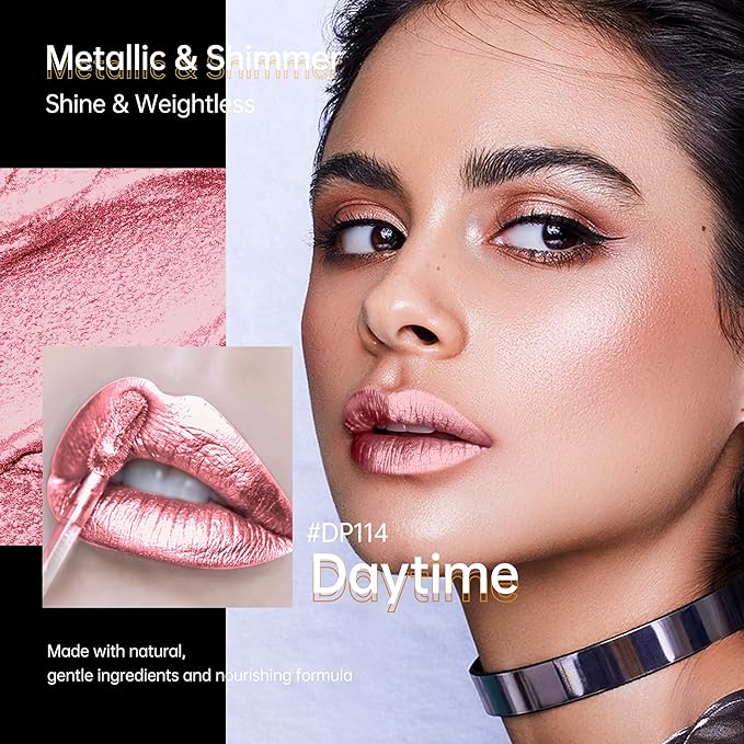 3Pc Lipsticks Set for Women Metallic Lipstick Long Lasting Dark Red Bronze Pink Lip Gloss, Metal Shine Lightweight Hydrating Full Coverage Lip Color, DP103/104/114