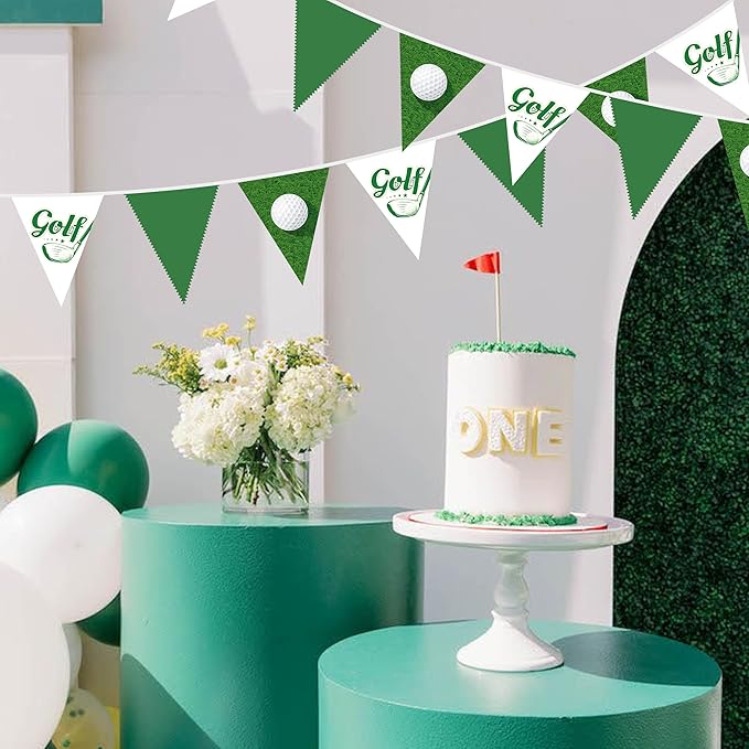 32Ft Golf Party Decorations Green White Golf Ball Triangle Flag Fabric Banner Pennant Garland Streamers for Let's Par-tee Birthday Baby Shower Fans Outdoor Indoor Masters Sports Party Decor Supplies