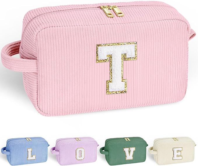 YOOLIFE Monogram Travel Makeup Bag - Initial Make Up Bag Cosmetic Bag Makeup Brush Bag Makeup Pouch Travel Essentials Cute Makeup Bag Girlfriend Sister Gifts Bridesmaid Gifts for Women Her Letter T
