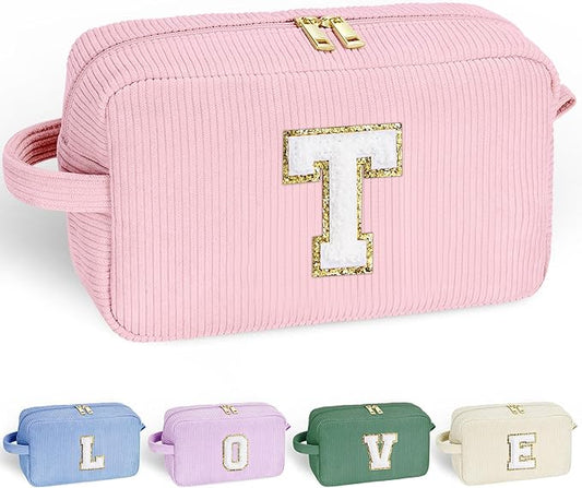 YOOLIFE Monogram Travel Makeup Bag - Initial Make Up Bag Cosmetic Bag Makeup Brush Bag Makeup Pouch Travel Essentials Cute Makeup Bag Girlfriend Sister Gifts Bridesmaid Gifts for Women Her Letter T