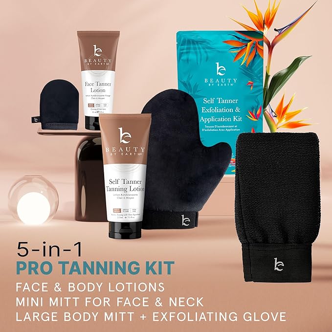 Tanning Lotion Self Tanner Kit - USA Made with Organic & Natural Ingredients, Self Tanning Lotion Face Tanner & Application Kit, Non Toxic Gradual Tan, Sunless Tan for Women & Men