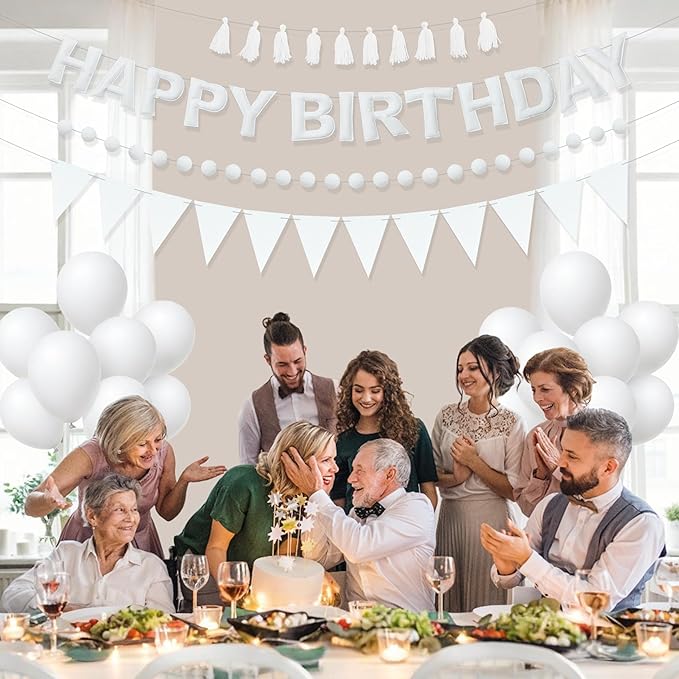 White Themed Birthday Decoration Set, White Pre-Strung 3D Felt Happy Birthday Banners, Pom-Pom Garland, Party Pennant Felt Banner Flags, Tassel Garland, Balloons, Reusable Party Decor,Photo Prop