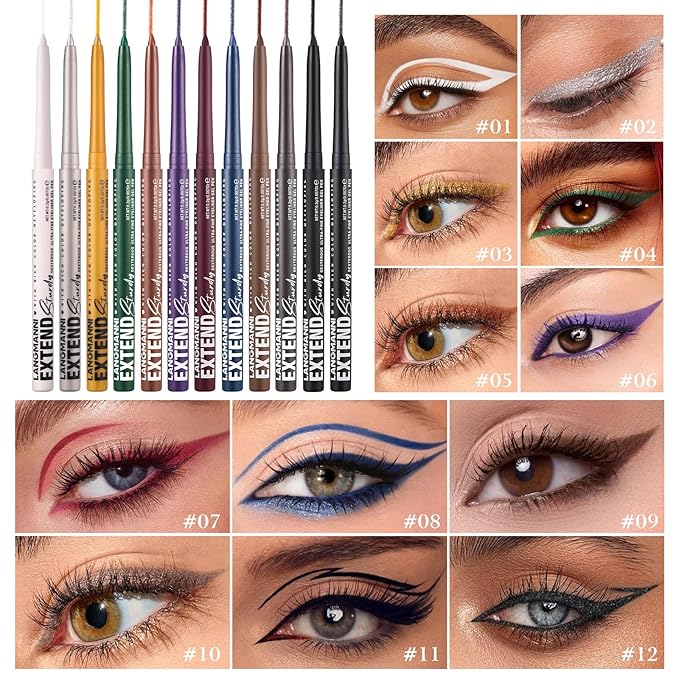 LANGMANNI 12Pcs Metal Colorful Eyeliner Pencil Set - Matte & Shimmer Eye Makeup,Smooth Use Long-Lasting & Waterproof Eyeliner Set